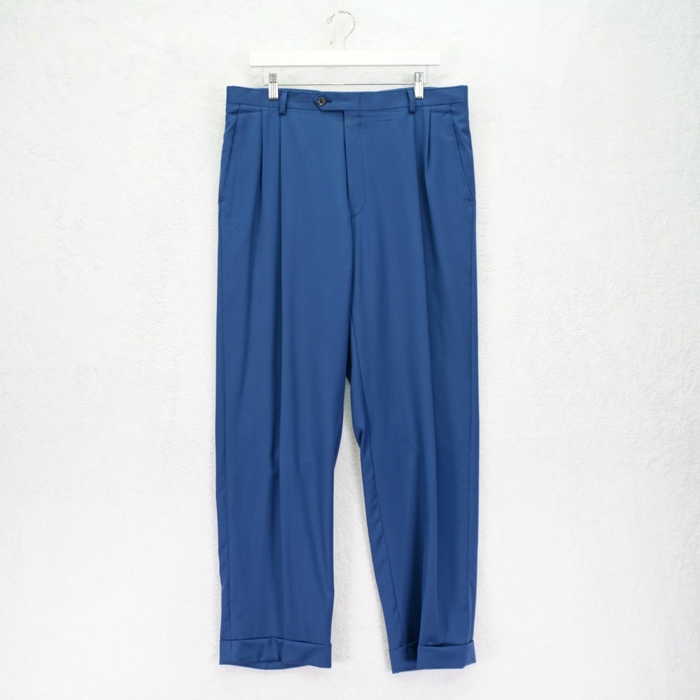 Hart Schaffner Marx Blue Wool Pleated High Rise Dress Pants Lined Cuffed 36/30.5